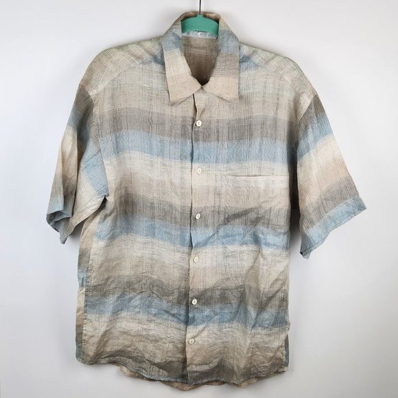 Jhane Barnes 100% Linen Striped Plaid Short Sleeve Button Up Shirt sz S - Picture 1 of 9